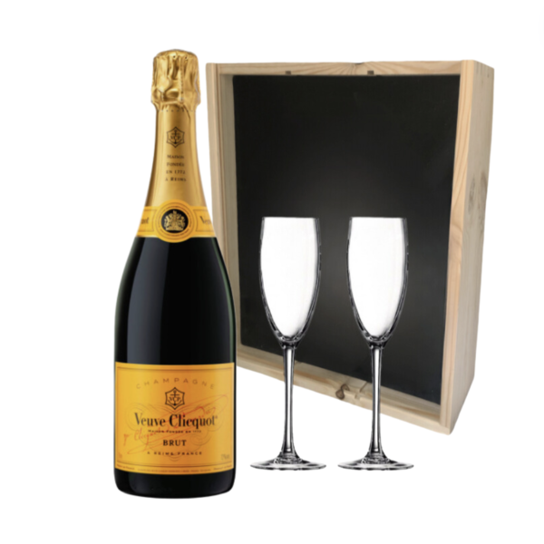 Veuve Clicquot  Brut in houten Geschenkkist + 2 flutes