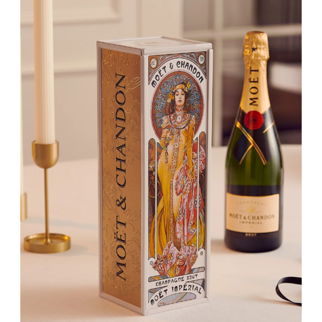 Moët & Chandon Brut 75cl Luxe metalen giftbox  Alfons Mucha (gele jurk)