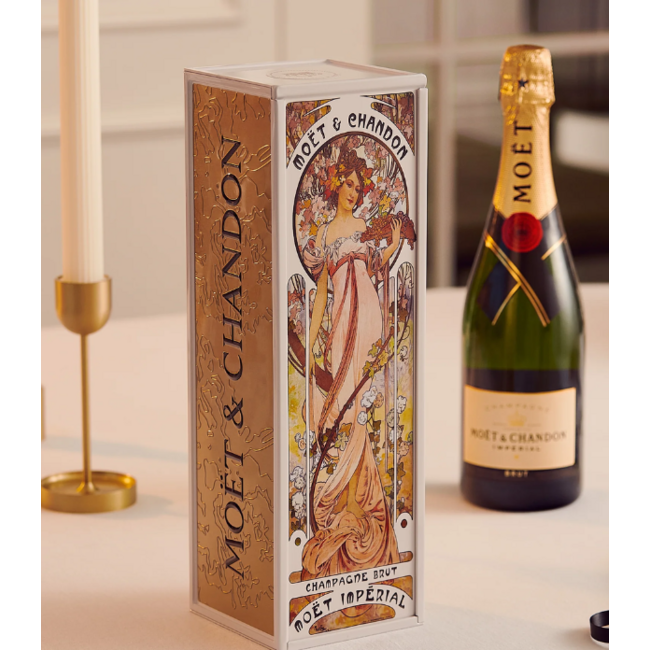 Moët & Chandon Brut 75cl Luxe metalen giftbox  Alfons Mucha (roze jurk)