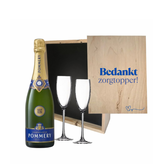 Gepersonaliseerde Kist met Champagne en 2 Glazen voor de Dag van de Zorg