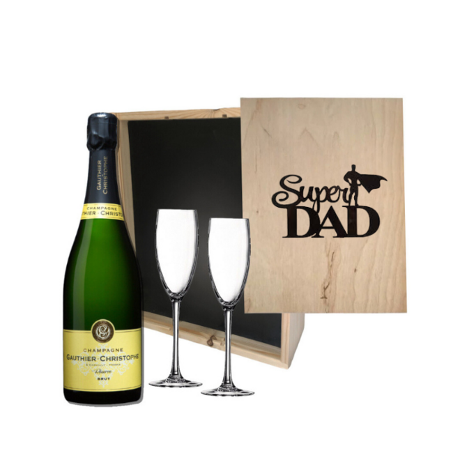 Gepersonaliseerde kist voor Vaderdag met Champagne en 2 glazen