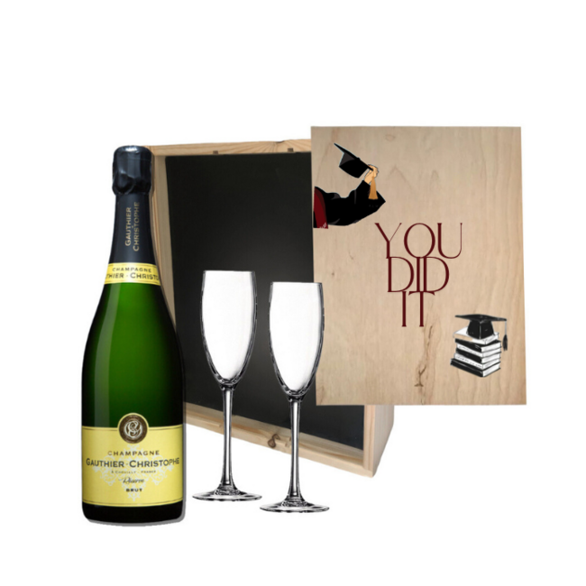 Gepersonaliseerde Geslaagd kist met Champagne en 2 glazen