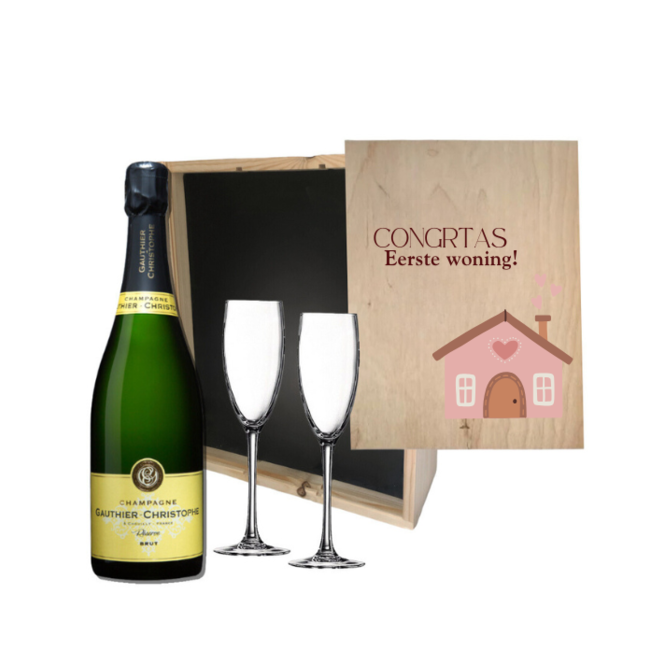 Gepersonaliseerde kist met Champagne en 2 glazen  - Nieuwe Woning