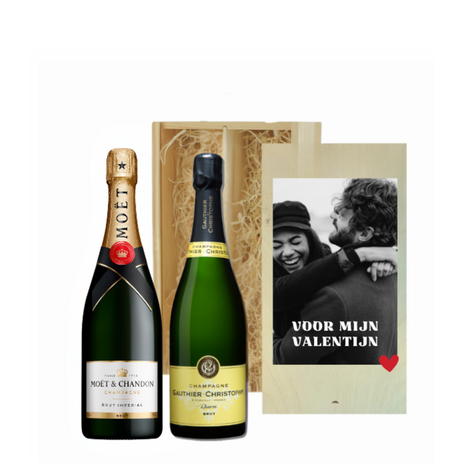 Valentijnsdag Geschenk – Luxe Houten Kist met 2 Champagnes