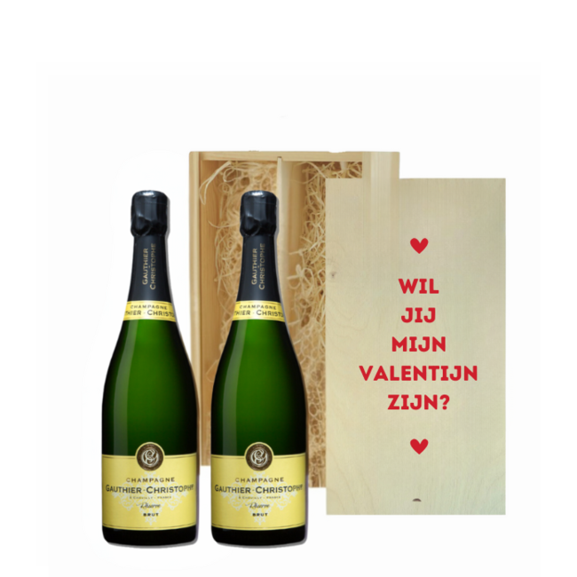 Valentijnsdag Geschenk – Luxe Houten Kist met 2 Champagnes