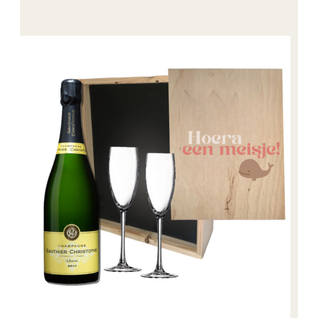 Geboortecadeau – Met Champagne  en 2 glazen