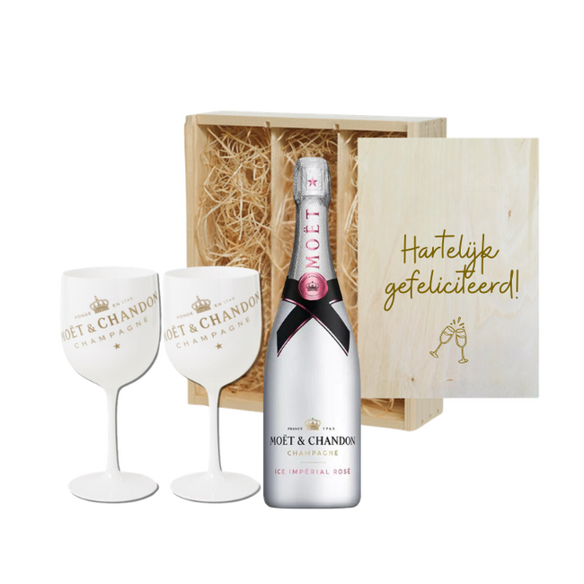 Gefeliciteerd! Moët Ice in Gepersonaliseerde Kist met 2 ICE Glazen