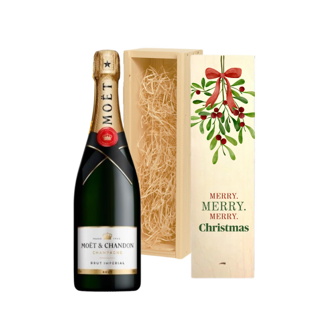 Moët & Chandon houten champagnekist met standaard kerstbedrukking, ontwerp 4