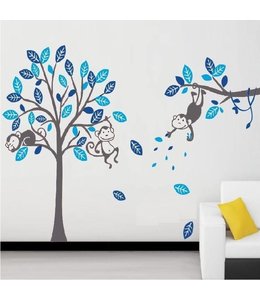 Muursticker boom met aapjes blauw - grijze stam