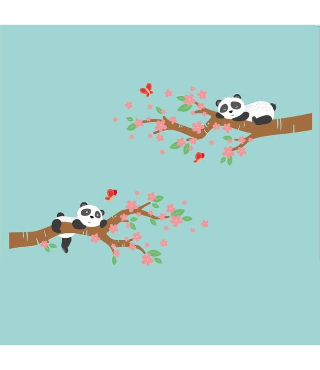Muursticker twee bloesemtakken met pandabeertjes