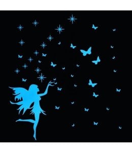 Muursticker glow in the dark elfje met vlinders blauw