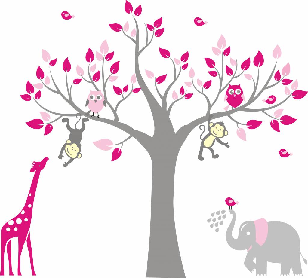 stewardess solo Huidige Muursticker boom met giraffe, aap. uitjes en olifant - Muurstickers&zo