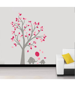 Muursticker grijze boom met roze blaadjes en olifantjes