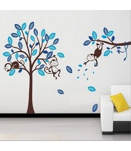 Muursticker boom met aapjes blauw- bruin stam