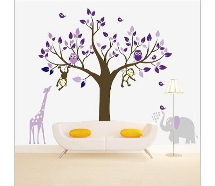 Muursticker boom met giraffe, aap. uitjes en olifant Muurstickers&zo