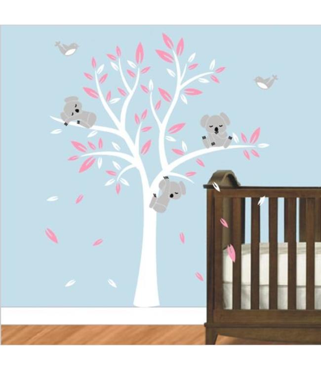 Muursticker boom met drie slapende beertjes wit roze - kinderkamer babykamer Muurstickers&zo