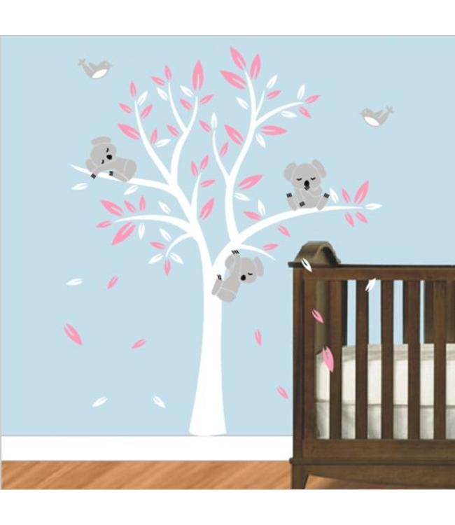 minstens binnen bezig Muursticker boom met drie slapende koala beertjes wit roze - kinderkamer  babykamer - Muurstickers&zo