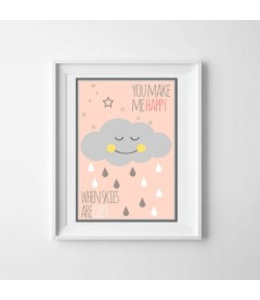 Kinderposter happy cloud roze met lijst A4