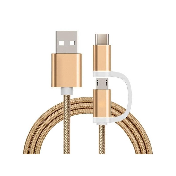 Reekin 2 in 1 oplaad kabel (USB Micro, USB Type-C ) - 1,0 Meter (goud-Nylon)