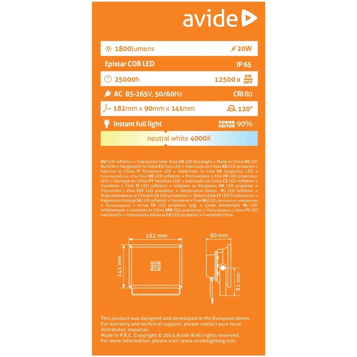 Avide Bouwlamp 20 W  4000K Neutraal wit licht