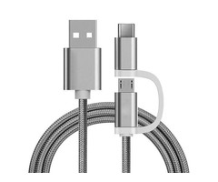 Reekin 2 in 1 oplaad kabel (USB Micro, USB Type-C) - 1 Meter (Zilver-Nylon)