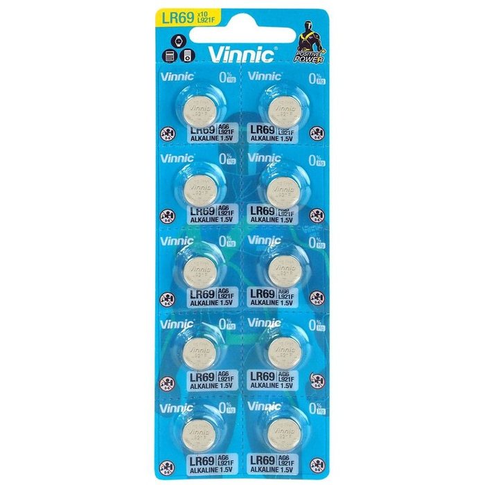 Vinnic AG6 Alkaline Knoopcelbatterijen LR69 - 10 stuks, 1.5V, 9.5mm diameter, 2.1mm hoogte