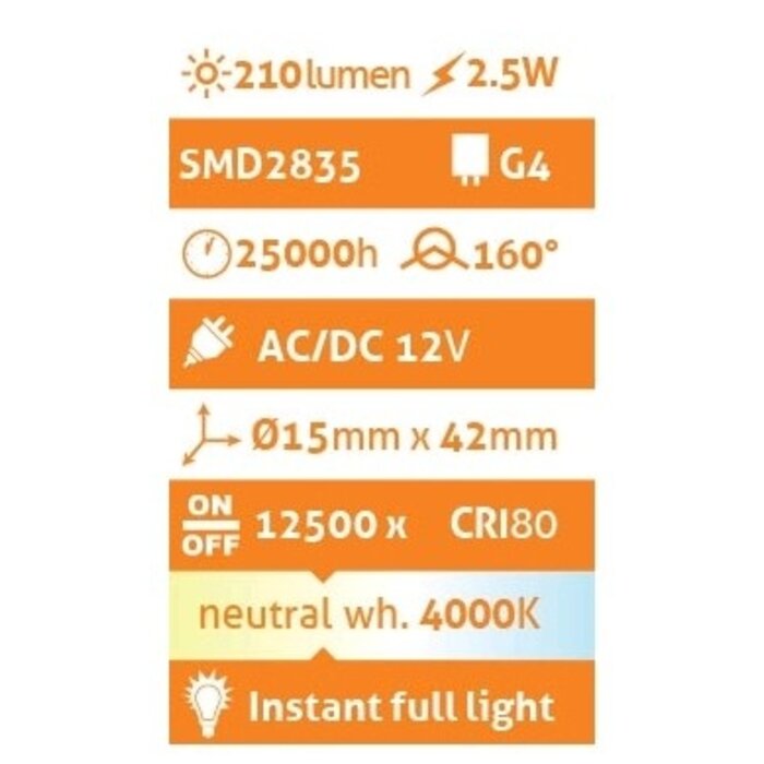 Avide LED 2.5W G4  4000K - 15 x 42 mm Neutraal Wit