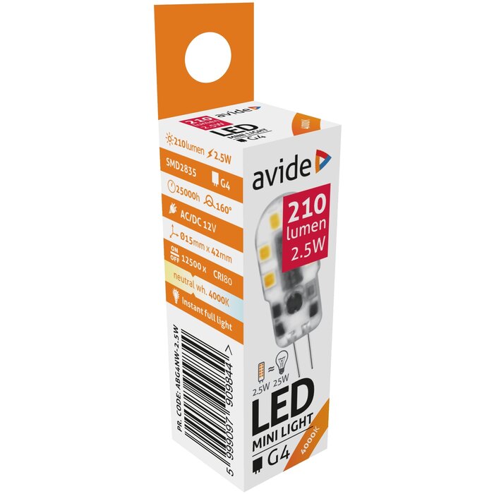 Avide LED 2.5W G4  4000K - 15 x 42 mm Neutraal Wit