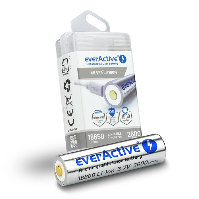 EverActive  18650 3.7V Li-ion 2600mAh  oplaadbaar micro USB batterij