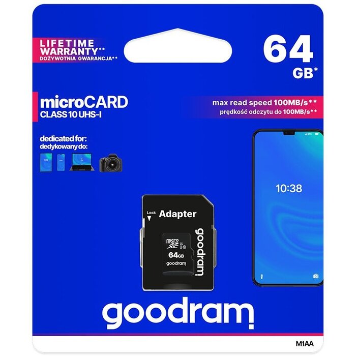 Goodram 64 GB microSDXC  Class 10 UHS-I geheugen kaart + SD Adapter