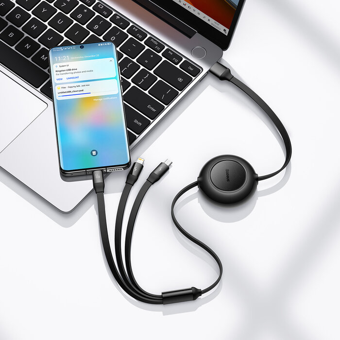 Baseus 3in1 USB-kabel - USB-C, Lightning, micro-USB 110cm oprolbaar