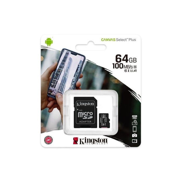 Kingston 64 GB MicroSDXC Canvas Select  Plus 100 MBs met SD Adapter