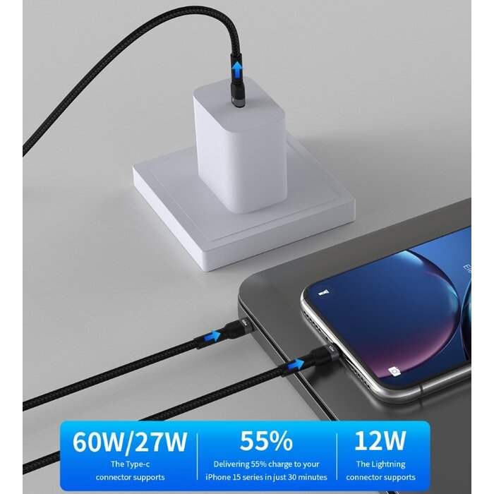 Devia USB-C kabel naar  USB-C en  Lightning, 120 cm zwart