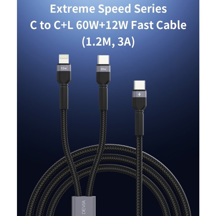 Devia USB-C kabel naar  USB-C en  Lightning, 120 cm zwart