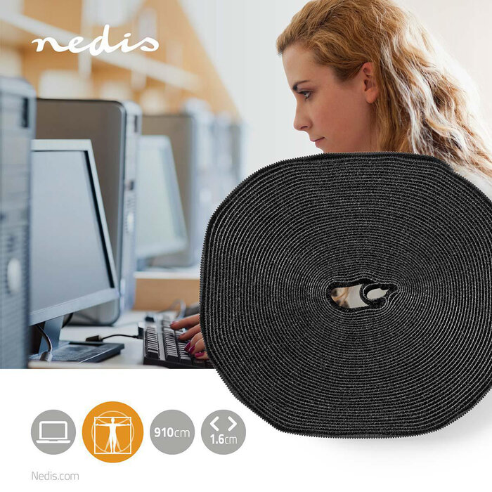 Nedis Klittenband Kabelbinder Rol, Herbruikbaar, 9,1 meter, 16 mm breed, Zwart