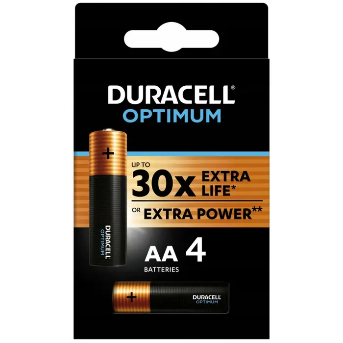 Duracell Optimum AA Alkaline Batterijen – Set van 4 met Tot 200% Extra Levensduur en Verbeterde Prestaties