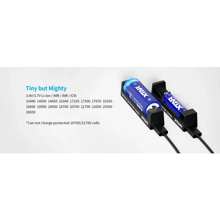 XTAR MC1 Compacte USB Batterijlader – 1-Slots – Voor 18650, 21700 en andere Li-ion Batterijen – Met LED Indicator – Zwart