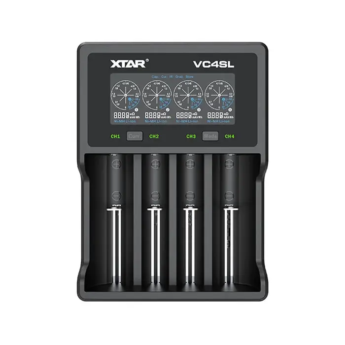 XTAR VC4SL Universele Slimme Batterijlader – Geschikt voor Li-ion & NiMH Batterijen – 4 Sleuven – USB-C Input – LCD Display – Automatische Herkenning