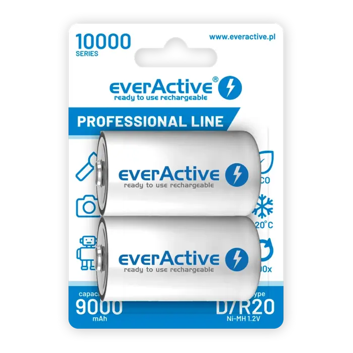 everActive HR20 D-formaat oplaadbare batterijen – 10000 mAh NiMH – 2 stuks – Professional Line