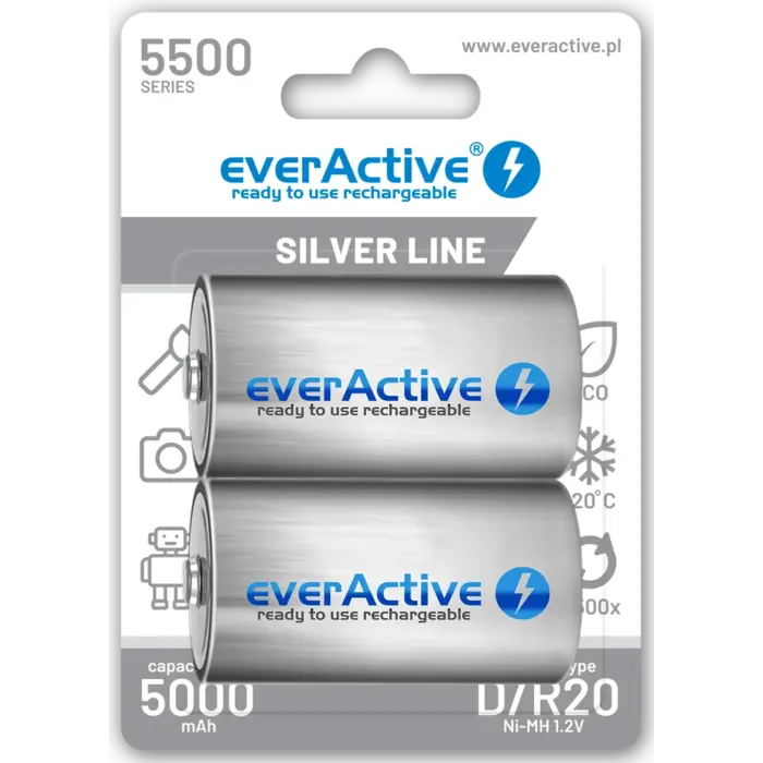 everActive HR20 D-formaat oplaadbare batterijen – 5500 mAh NiMH – 2 stuks – Silver Line