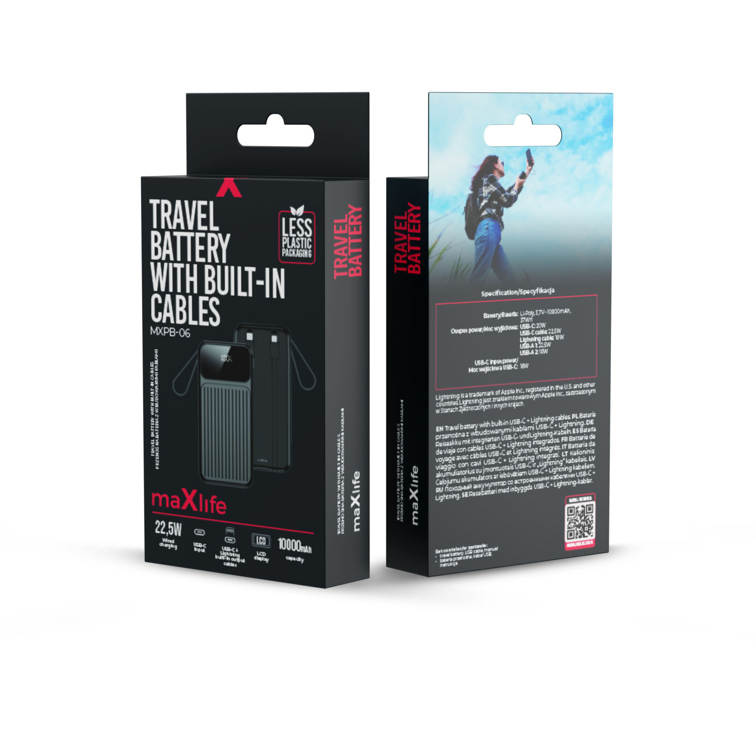 maXlife Powerbank MXPB-06 10.000mAh – Met ingebouwde USB-C & Lightning kabels en 3 poorten