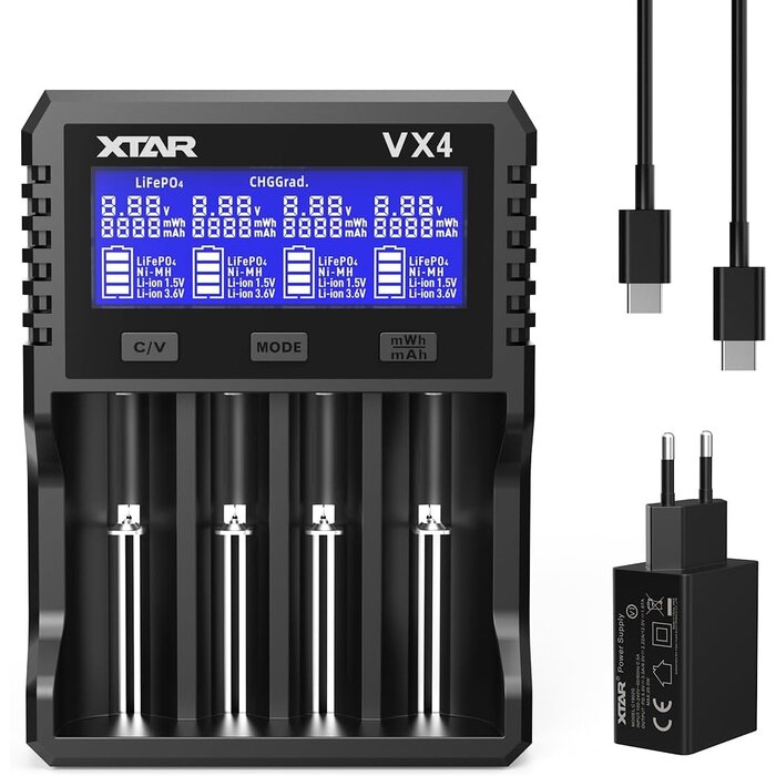 XTAR Slimme Batterijlader VX4  met LED-indicatoren – Geschikt voor Li-ion, Ni-MH en Ni-CD – 4 Slots – USB-C Input - met voeding