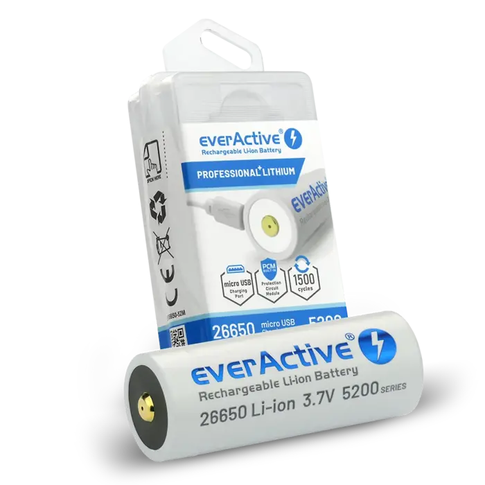 everActive 26650 oplaadbare lithium-ion batterij 5200mAh 3.7V met beschermingscircuit en micro-USB oplaadpoort