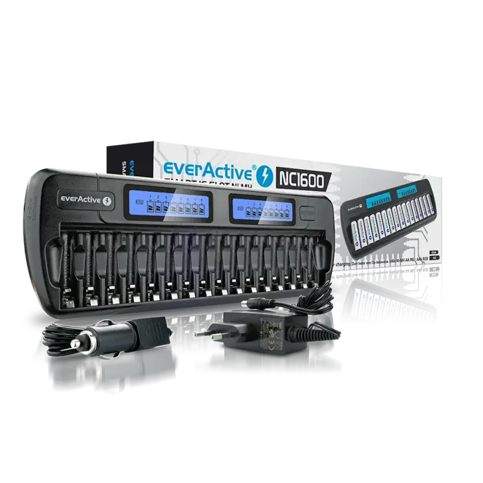 everActive NC1600 intelligente 16‑kanaals Ni‑MH/Ni‑Cd batterij lader met refresh, LCD, adapter meegeleverd