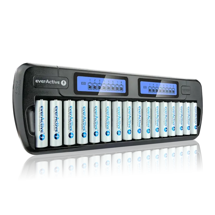 everActive NC1600 intelligente 16‑kanaals Ni‑MH/Ni‑Cd batterij lader met refresh, LCD, adapter meegeleverd