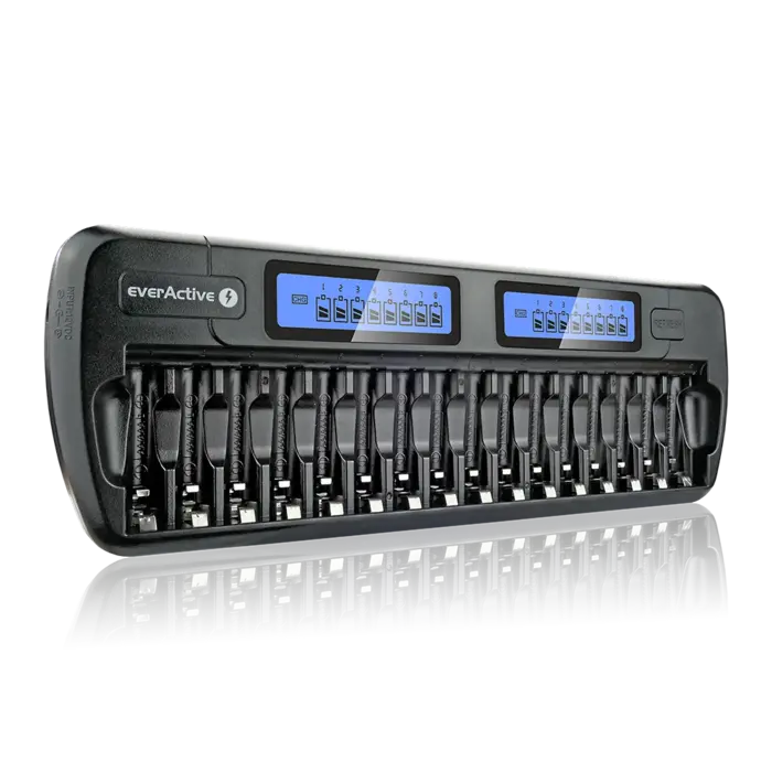 everActive NC1600 intelligente 16‑kanaals Ni‑MH/Ni‑Cd batterij lader met refresh, LCD, adapter meegeleverd
