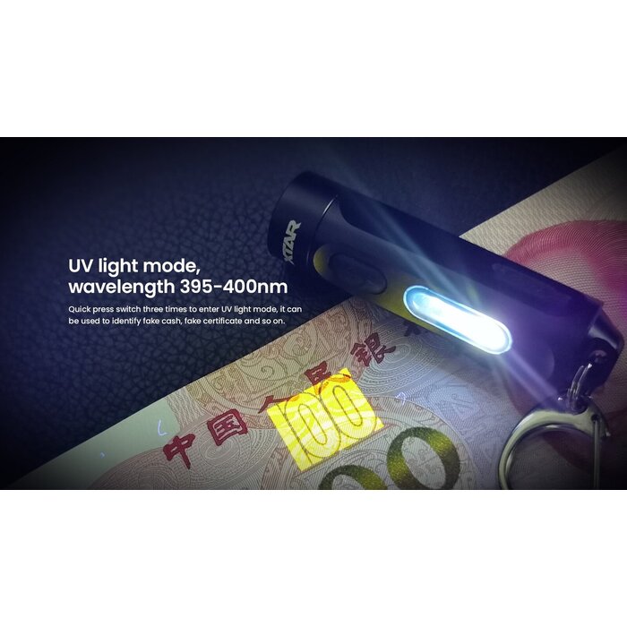 XTAR T1 compacte 500 lm sleutelhanger zaklamp met USB‑C, RGB en UV‑LED