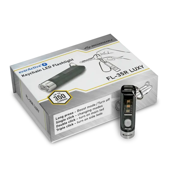 everActive Compacte FL‑35R Luxy oplaadbare LED zaklamp met sleutelhanger – 350 lumen, 9 standen, USB‑C