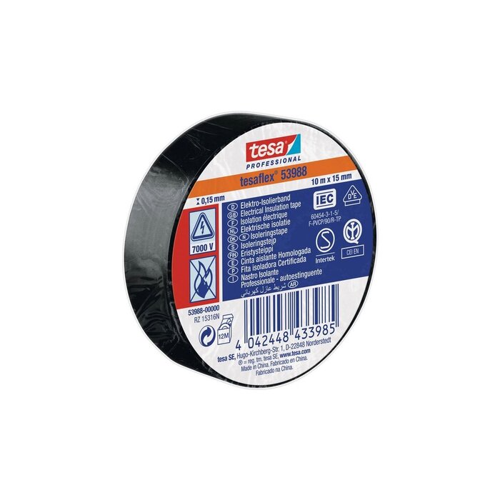 Tesa PVC isolatietape Tesaflex  zwart 15 mm × 10 m – hoogwaardige professionals kwaliteit