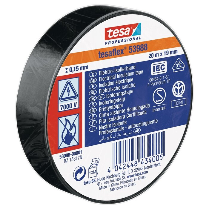 Tesa PVC isolatietape Tesaflex  zwart 19 mm × 20 m – hoogwaardige professionals kwaliteit